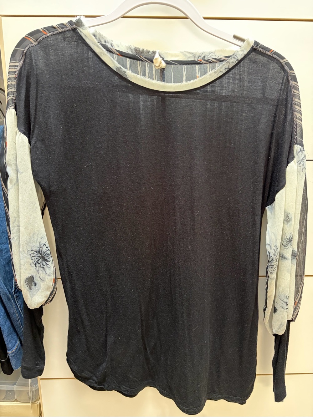 TINY Black Top with Cream Floral and Striped Sleeve Accents